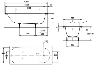 Ванна 170х70х39см стальная 2,3мм EUROWA Form Plus мод. 312 (Kaldewei) + ножки мод. 5030К