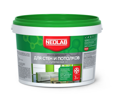 Краска для стен и потолков акриловая супербелая 3 кг NEOLAB